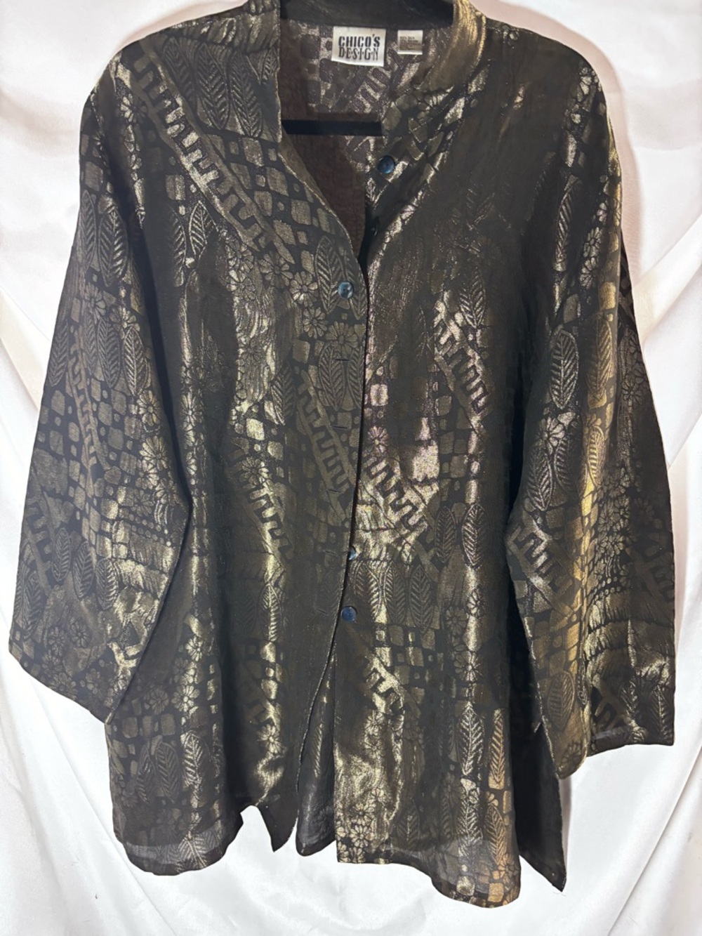Vintage Y2K Chico's Metallic Black and Gold‎ Patterned Button-Front Blouse